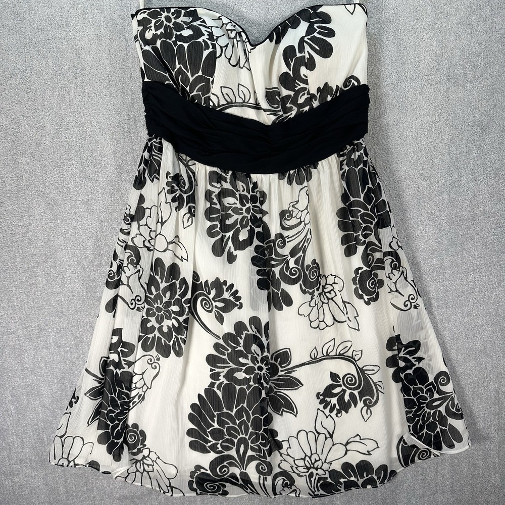 White House Black Market Strapless Black and White Floral Dress Size 8
